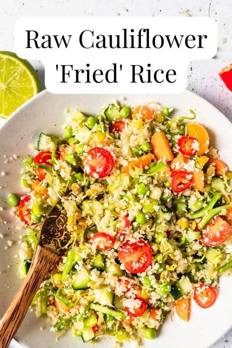 A bowl of fried rice made with fresh chopped vegetables, lime and chilli. Raw Vegan Stir Fry, Raw Vegan Cauliflower Recipes, Raw Cauliflower Recipes, Raw Vegetable Recipes, Raw Vegetables Recipes, Lentil Sprouts, Raw Till 4, Raw Vegan Dinners, Vegan Cauliflower Recipes