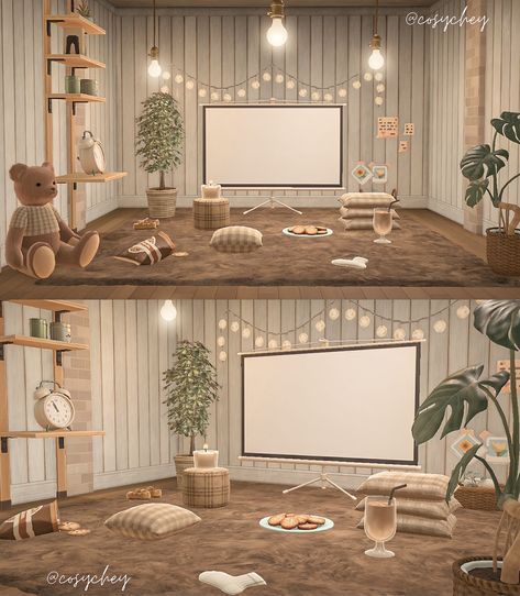 chey. 🍂 on Twitter: "a cosy movie room 📽🤎 #ACNH #AnimalCrossing #AnimalCrossingNewHorizions… " Animal Crossing House Ideas Interior, Acnh Room Design, Acnh Cottagecore House, Cottagecore Interior, Animal Crossing Designs, Acnh Cottagecore, Animal Crossing Guide, Happy Home Designer, Animal Crossing Wild World