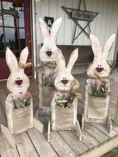 Wooden Bunny Flower Planters #easter #diy #porch #decor #decorhomeideas Easter Front Porch Decorations, Easter Front Porch Decor, Easter Front Porch, Front Porch Decorations, Wooden Easter Decorations, Easter Porch Decor, Diy Spring Crafts, Porch Decorations, Diy Porch