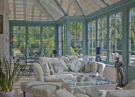 This lovely garden room has been furnished with pieces from Interiors By Vale and the interiors colour is Painted Conservatory Interior, Blue Conservatory, Mansion Conservatory, Conservatory Interiors, Kitchen Orangery, Conservatory Interior, Conservatory Decor, Functional Garden, Conservatory Design