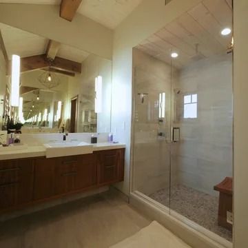 Shower Bulkhead - Photos & Ideas | Houzz Bathroom With Bulkhead, Recessed Panel Cabinets, Black Floor Tiles, Bathroom Ensuite, Shaving Cabinet, Dark Wood Cabinets, Flat Panel Cabinets, Wall Niche, Concealed Cistern