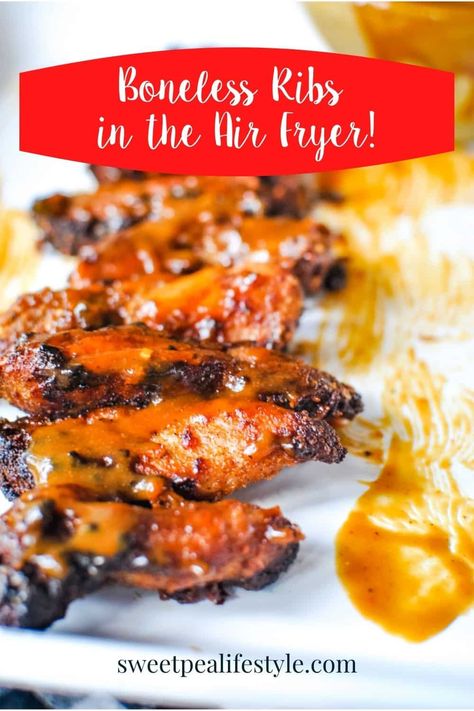 Boneless Ribs in the Air Fryer?! This easy recipe for air fryer ribs starts with an easy dry rub and ends with your favorite bbq sauce! Ribs In The Air Fryer, Carolina Gold Bbq Sauce, Air Fryer Ribs, Gold Bbq Sauce, Bacon Pea Salad, Recipe For Air Fryer, Boneless Pork Ribs, Boneless Ribs, Dinner Party Recipes