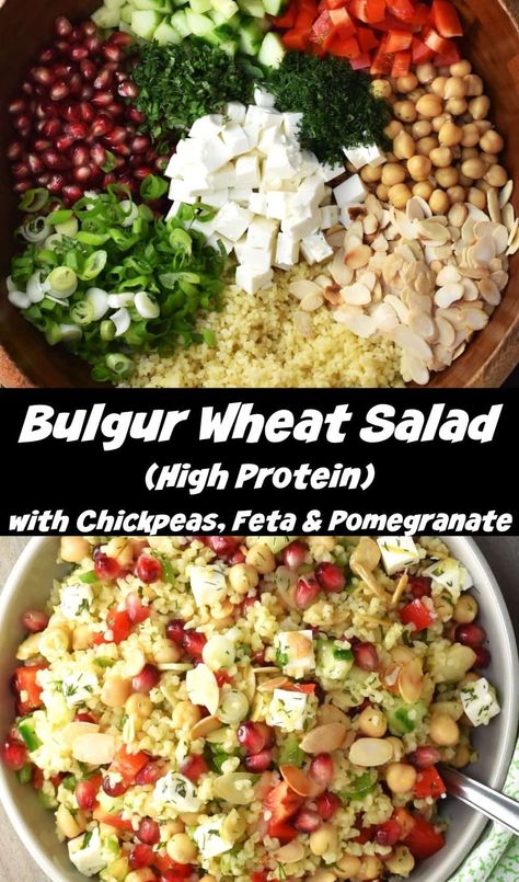 Top down view of bulgur salad ingredients in large bowl and assemble bulgur salad. Wheat Recipes Grains, Recipes With Bulgur, Bulger Wheat Salads, Bulgar Bowls, Bulgar Wheat Recipes Salad, Bulgur Salad Recipes, Bulgar Salads, Bulgar Wheat Recipes, Salad High Protein