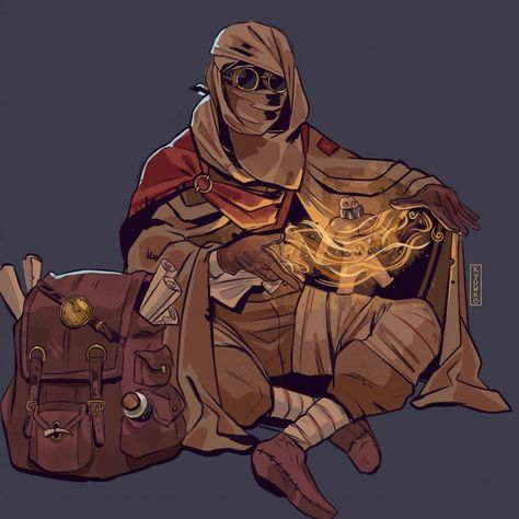 Merchant Design Character, Desert Merchant Fantasy Art, Desert Dnd Art, Wasteland Character Art, Desert People Concept Art, Character Design Desert, Desert Traveler Character Design, Tinkerer Character Design, Dnd Merchant Art