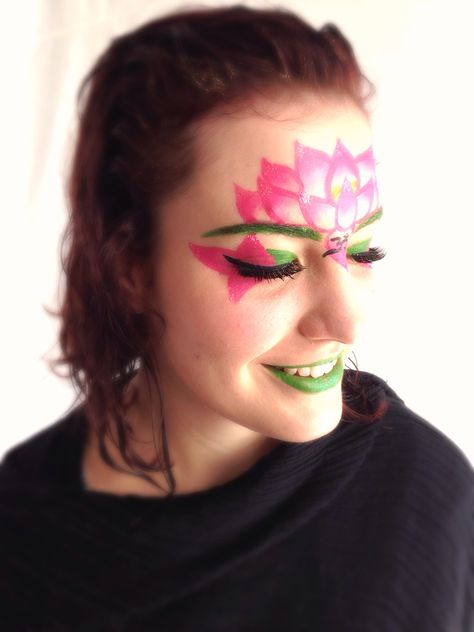 Lotus Queen Radha Face Painting, Lotus Makeup, Lotus Flower Face Tattoo, Hibiscus Face Paint, Lotus Face Painting, Tropical Flower Face Paint, Queen Makeup, Makeup Services, Lotus Flower