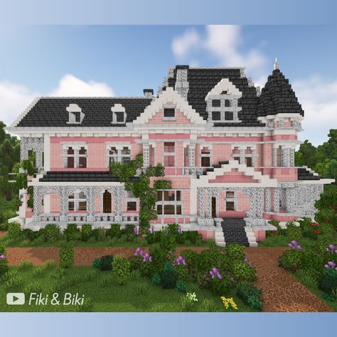 Timelapse vid on is our YouTube channel: Fiki & Biki 🐔 Pretty Pink Minecraft Houses, Minecraft Victorian Cottage, Big Pink Minecraft House, Pink Victorian House Minecraft, Minecraft Manor House, Pink Mansion Minecraft, Mansion Minecraft Ideas, Coquette Minecraft House, Pink Castle Minecraft