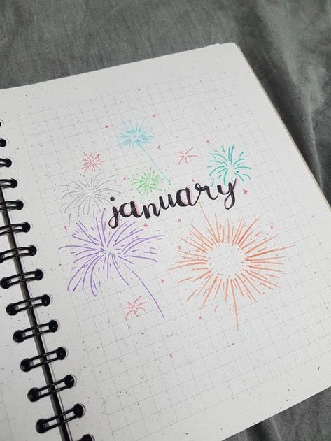 Bullet journal january cover page July Bullet Journal Cover Fireworks, Birthday Month Journal Cover, Firework Bullet Journal, January Journal Page, Journal January Ideas, 2022 Title Page, Bullet Journal January Theme, January Journal Cover, January Cover Page Bullet Journal