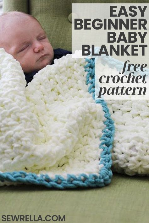 This is the beginner baby blanket of your dreams! It's so soft and squishy, making it perfect for newborns and babies. Use my free crochet pattern to make this sweet blanket as a gift for a baby shower. #freepattern #crochet #babyblanket #blanket Beginner Crochet Baby Blanket Free Pattern, Toddler Crochet Blanket Pattern, Plush Yarn Crochet Blanket, Bulky Baby Blanket Crochet Free Pattern, Crochet Baby Blanket Chenille Yarn, Crochet Chunky Baby Blanket Pattern Free, Loops And Threads Sweet Snuggles Crochet Patterns, Crochet Baby Blanket Chunky Yarn, Bernat Baby Blanket Crochet Pattern Free