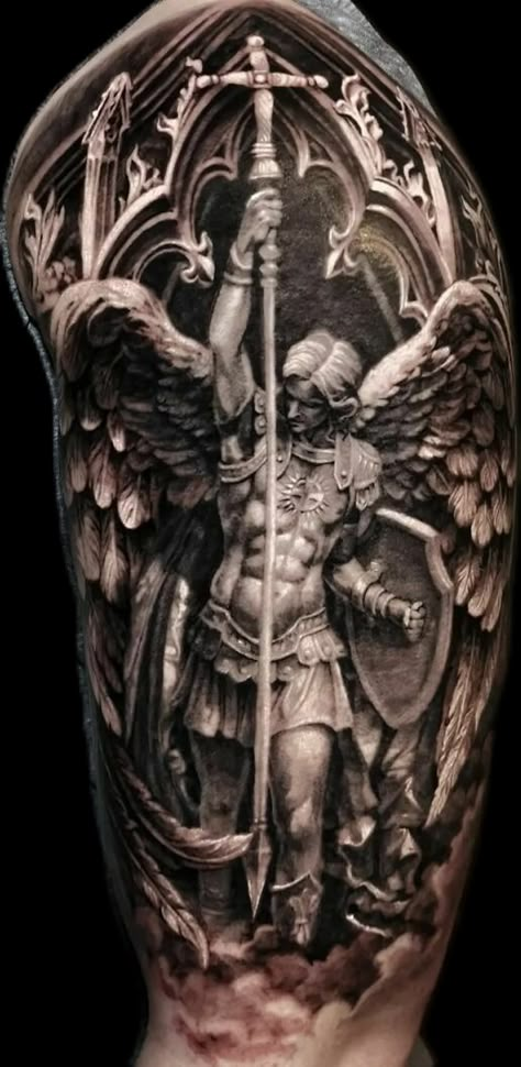 Leg Tattoos Men, Men Tattoos Arm, Tattoos Arm Sleeve, Angel Warrior Tattoo, Archangel Michael Tattoo, St Michael Tattoo, Guardian Angel Tattoo, Archangel Tattoo, Half Sleeve Tattoos