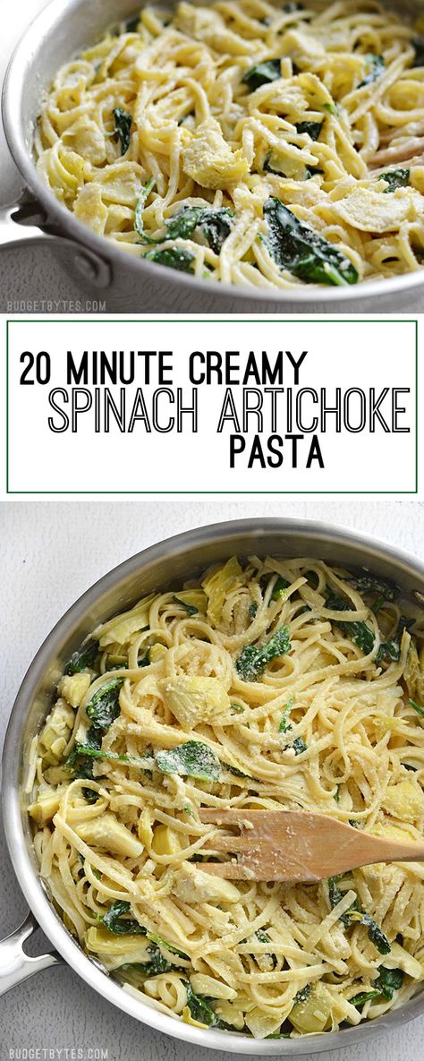 Make a delicious dinner with pantry staples in about 20 minutes with this one skillet Creamy Spinach Artichoke Pasta. Step by step photos. - BudgetBytes.com Raw Spaghetti, Spinach Artichoke Pasta, Gf Pasta, Artichoke Pasta, Budget Bytes, Artichoke Recipes, One Skillet, Orzo Pasta, Creamy Spinach