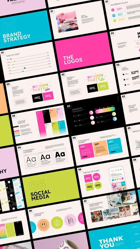 Brand Guidelines Design, Branding Identity Inspiration, Brand Identity Guidelines, Unique Logos, Brand Identity Logo, Identity Design Inspiration, Brand Manual, Modern Party, Powerpoint Presentation Design