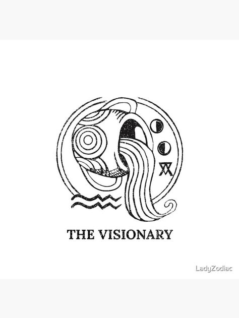 White background with black graphics. In bold font reads 'The Visionary. Above is the image of a large vase pouring water from it to represent the Aquarius Zodiac sign. Aquarius Symbols, Aquarius Illustration, Aquarius Graphic, Aquarius Design, Aquarius Energy, Zodiac Aesthetic, Aquarius Symbol, Camera Tattoos, Aquarius Aesthetic