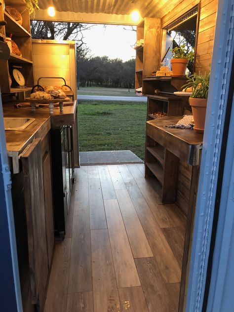 Sink, refrigerator and shelving in horse trailer conversion for baked bread and pastry wagon Horse Lorry Conversion, Shipping Container Workshop, Converted Horse Trailer, Shed Frame, Cargo Trailer Camper Conversion, Coffee Trailer, Food Van, Cargo Trailer Conversion, Cargo Trailer Camper