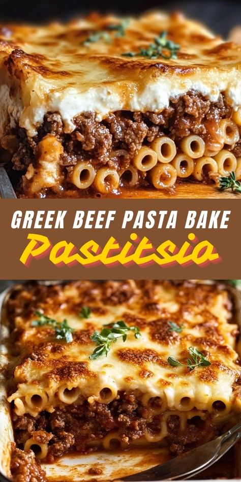 Pastitsio is a classic Greek beef pasta bake featuring layers of tender pasta, rich beef sauce, and creamy béchamel topping! 🍝🇬🇷 This hearty dish is perfect for family dinners or special occasions, offering comforting and flavorful bites in every forkful.  📌 Pin this recipe to enjoy a delicious and authentic Greek pastitsio for your next family meal! #Pastitsio #GreekCuisine #ComfortFood #BeefPastaBake #EasyDinnerIdeas #FamilyMeals Greek Cooking Greece Food Recipes, Greek Pastitsio Recipe, Pasta Bake Ideas, Pastitsio Recipe Authentic, Creamy Beef And Bow Tie Pasta, Beef Pasta Bake, Pastitsio Recipe, Pasta Bake Recipes, Lasagna With Bechamel Sauce