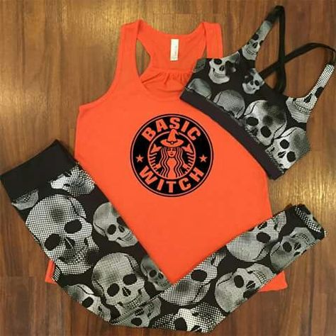 Halloween Workout Outfit, Witch Workout, Outfits For Halloween, Halloween Workout, Basic Witch Shirt, Halloween Clothes, Working Out Outfits, Skull Leggings, Basic Witch