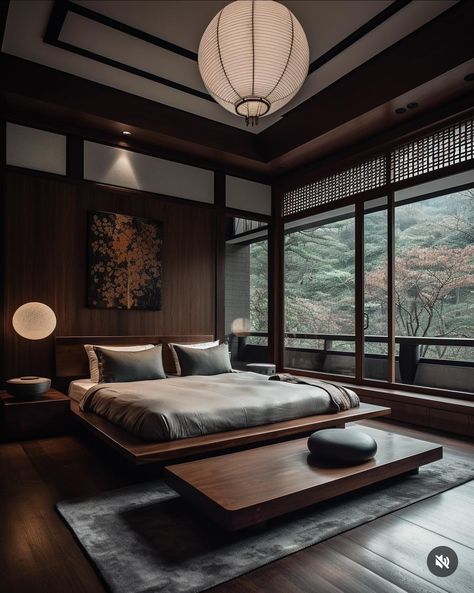 Japanese Bedroom Aesthetic Dark, Dark Modern Japanese House, Black Japandi Bedroom, Dark Japanese Bedroom, Japanese Luxury House, Zen Interior Design Bedroom, Chinese Inspired Bedroom, Bedroom Design Master Luxury, Asian Style Room