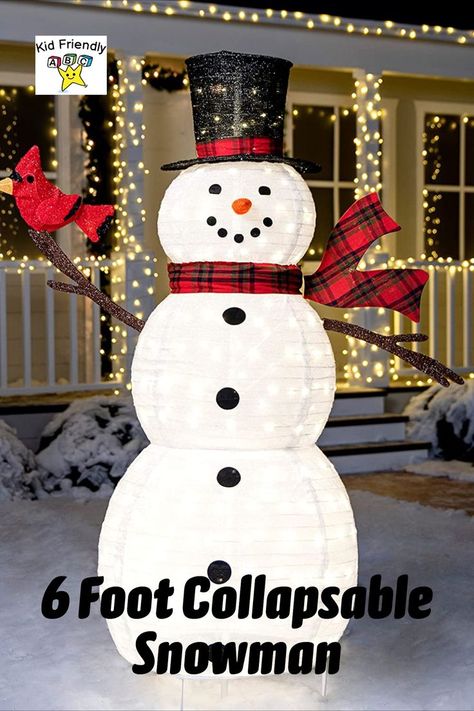 SUPER VALUE PACK. Our Snowman Yard Light includes a 6 Feet Tall Collapsible Snowman with 240 LED Warm White Lights in Clear Wire and Metal Stakes. Made of Tinsel Material. UNIQUE DESIGN & EASY TO USE. Our own unique Snowman with top hat and Cardinal design of Christmas Yard Light is easy to set up. These are pre-wired frames and very durable. Perfect for indoor/outdoor use. #affiliate Snowman Ideas Outdoor, Outdoor Snowman Decorations, Yard Lights Christmas, Christmas Parol, Christmas Front Porch Decor, Outdoor Snowman, String Lights Inside, Snowman Ideas, Christmas Outside