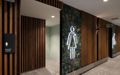 Lobby Restroom Design, Customer Bathroom Ideas, High End Commercial Restroom Design, Restaurant Single Bathroom Design, Bathroom Signage Design, Gym Bathroom Ideas, Public Wc Design, Public Toilet Interior, Commercial Toilet Design