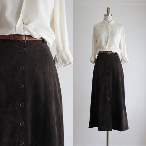 Button Shirt With Skirt, Shirt With Skirt, Buttoned Skirt, Midi Skirt Outfit, Skirt With Buttons, Leather Midi Skirt, 80s Fashion, Button Shirt, Modest Outfits