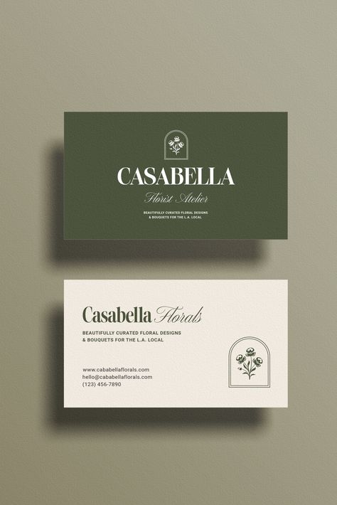 Beige and dark green business card with logo for a professional, modern, and stylish.#businessfont #typography #branding #design Green Business Card Design, Beige Business Card, Vintage Business Card Design, Florist Business Card, Retro Business Card, Examples Of Business Cards, Business Fonts, Florist Logo, Floral Logo Design