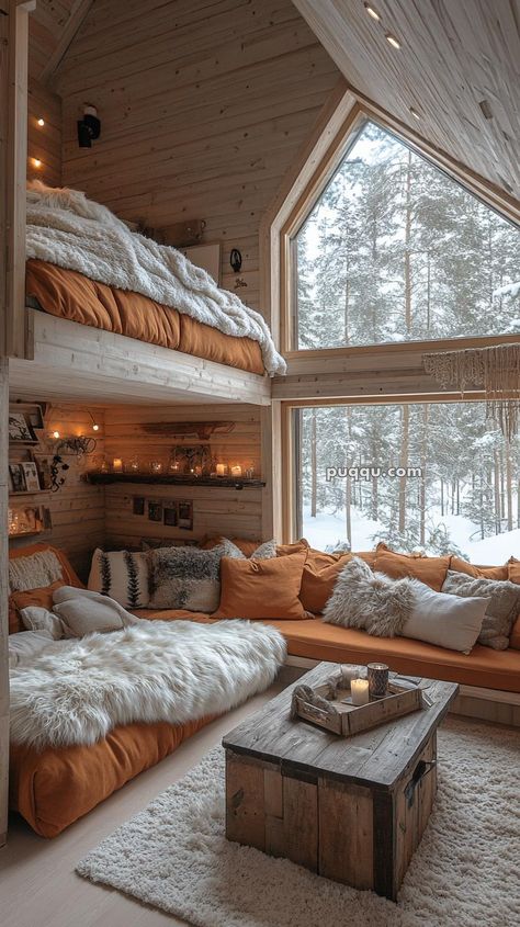 50 A-Frame Cabin Interiors That Inspire Wanderlust Aframe Cabin Interiors, Log Cabin Scandinavian, A Frame Living Room, Aframe Cabins, A Frame Interior, A-frame Interior, Bunk Room Ideas, Scandinavian Cabin, Cabin Loft