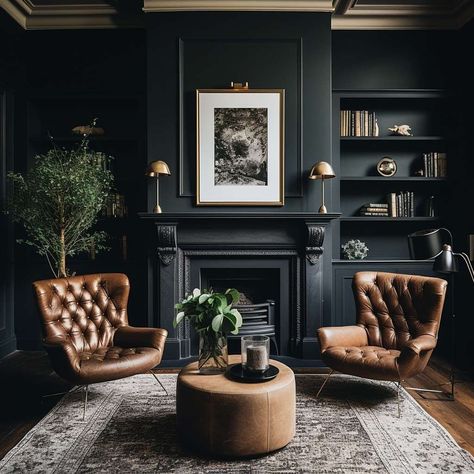 Modern Moody Apartment, Parlor Bar Room Ideas, Dark Wall Interior, Dark Wall In Living Room, Whiskey Room Paint Colors, Dark Moody Den, Adult Lounge Room Ideas, Dark Interior Walls, Dark Painted Basement