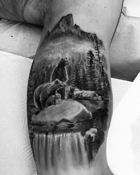 Bear Tattoos For Men 3 Men’s Bear Tattoo, Bear With Cubs Tattoo, Bear Cubs Tattoo, Bear And Cubs Tattoo, Papa Bear Tattoo, Big Bear Tattoo, Bear Tattoos For Men, Tattoo Landscape, Bear Tattoo Meaning