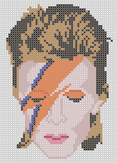 Free David Bowie Cross Stitch and Knitting Patterns Cross Stitch Patterns Free Printable Charts, November Things, Printable Cross, Diy Knit, Crochet Tunisian, Stitch Bracelet, Aladdin Sane, Clay Canes, Cross Stitches