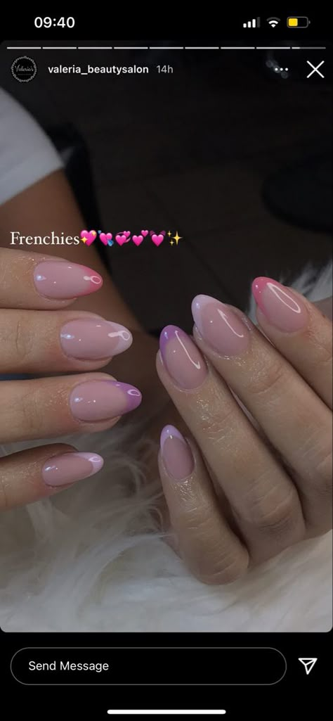 #acrylic #nails #frenchnails #french #colorespastel #lilac #pink #nudenails #pinknails #manicure Purple Oval Nails Designs, Pink And Purple French Nails, Lilac French Manicure, Pink Lilac Nails, Pastel Pink French Nails, Lilac Tip Nails, Lilac Pink Nails, Pink And Purple French Tip Nails, Pink And Lilac Nails