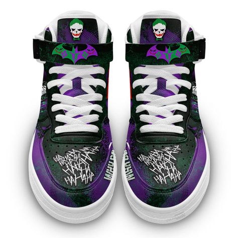 Joker Air Mid Shoes Custom Sneakers Fans All of our Air Mid Shoes styles are custom-made-to-order and handcrafted to the highest quality standards. High-quality rubber sole for traction and exceptional durability Lace-up closure for a snug fit. Each designed pair is one-of-a-kind, combining handcrafting tradition, quality, and modern style. Features a semi-glossy leather to make the shoes more breathable and easier to clean. Material: Microfibre leather: chemical & abrasion resistance, anti-crea Green Custom Shoes, Cool Mens Shoes, Joker Shoes, Custom Jordan Shoes, Reaper Drawing, Custom Jordans, Mid Shoes, Custom Shoes Diy, Designed Shoes