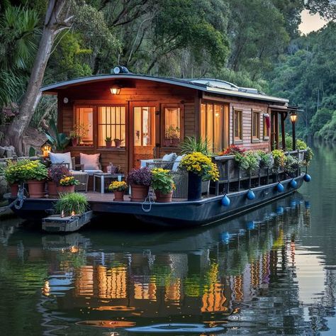 Boathouse Design, Pontoon Boat Accessories, Boat House Interior, Houseboat Living, Shed To Tiny House, House Shed, Canal House, Castle House, Canal Boat