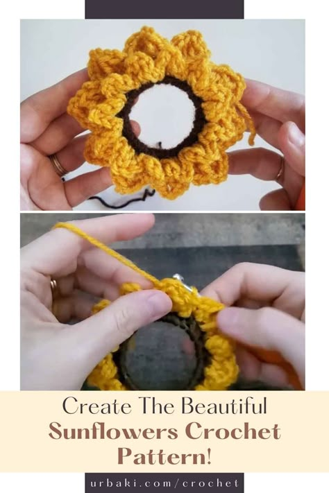 Look no further than the Upcycled Sunflower crochet pattern! This delightful pattern utilizes a 1.75” plastic ring, easily sourced from the opening of a gallon-sized plastic jug. The best part? The creator of this amazing pattern is Highland Hickory Designs, and we are excited to share the wonders of these sunflowers with you! The use of recycled materials in crafting not only sparks creativity but also promotes sustainability. Highland Hickory Designs ingeniously repurposes plastic rings... Crochet Sunflower Scrunchie Pattern Free, Sunflower Scrunchie Crochet, Crochet Sunflower Hair Tie, Crochet Sunflower Hat, Free Sunflower Crochet Pattern, Crochet Sunflower Pattern Free, Eyelash Yarn Crochet, Sunflowers Crochet, Sunflower Crochet Pattern