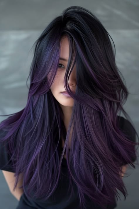 Long Black Hair With Purple Streaks, Hair Color Ideas For Long Straight Hair, Long Hair Peekaboo Color, Purple Highlights Dark Hair, Purple Hair Dye Ideas For Brunettes, Dark Purple Black Hair, Purple Streaks In Black Hair, Black Hair With Purple Tint, Edgy Long Haircut