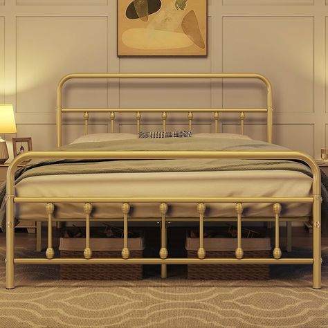 Amazon.com: Topeakmart Queen Size Victorian Style Metal Bed Frame with Headboard/Mattress Foundation/No Box Spring Needed/Under Bed Storage/Strong Slat Support Bronze : Home & Kitchen Iron Railing Bed, Iron Metal Bed Frame, Turndle Bed Metal, Vintage Metal Bed Frame Antique, Antique Metal Bed Frill Bedding, Frame Bed Metal, Single Bed Frame Vintage, Farmhouse Bedroom Two Twin Beds, Metal Bed Frame Twin Size