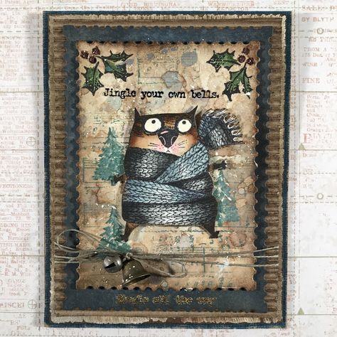 Tim Holtz Sympathy Cards, Crazy Cats Cards, Cat Christmas Cards, First Christmas Card, Crazy Birds, Tim Holtz Crafts, Christmas Card Ideas, Tim Holtz Stamps, Sizzix Dies