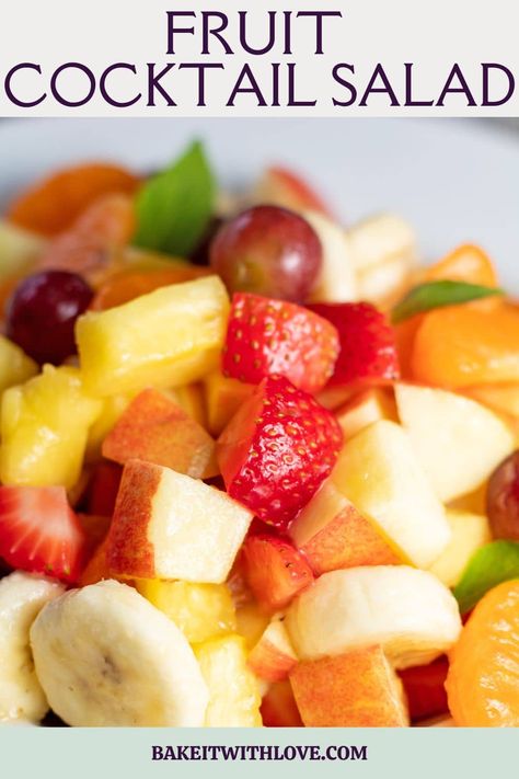 My easy fruit cocktail salad features a rainbow of different fruit and a sauce made with pineapple and vanilla pudding that is incredible! This is a fabulous summer side dish or dessert that can be made using fresh or canned fruit, it's delicious either way! Try a refreshing fruit cocktail salad at your next get together! BakeItWithLove.com #bakeitwithlove #fruit #cocktail #salad Fruit Cocktail Salad With Pudding, Can Fruit Cocktail Recipes, Fresh Fruit Cocktail Recipes, Fruit Cocktail Recipes Desserts, Canned Fruit Cocktail Recipes, Fruit Salad With Vanilla Pudding, Easy Fruit Cocktails, Fruit Cocktail Salad, Cocktail Salad