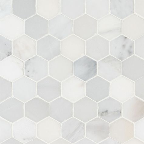 Arabescato Carrara 2" Hexagon Bathroom Tile | Hex Tile Hexagon Bathroom, Hexagon Tile Backsplash, House Shopping, Bathroom Makeovers, Hex Tile, Hexagon Mosaic Tile, Honed Marble, Marble Mosaic Tiles, Mosaic Wall Tiles