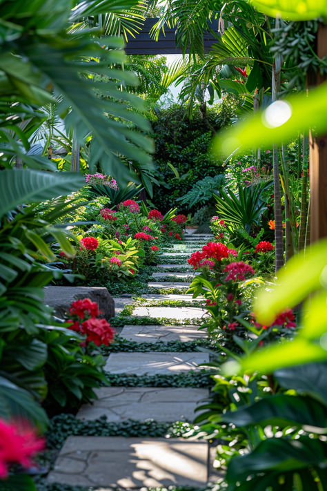 A vibrant image showcasing a small tropical garden setup at home, featuring lush green plants, colorful flowers, and decorative pots. The pin offers tips and inspiration for creating your own tropical oasis in a compact space. Perfect for plant enthusiasts! Tropical Fruit Garden, Caribbean Garden, Tropical Backyard Landscaping, Small Tropical Gardens, Fall Landscaping, Meyer Lemon Tree, Buxus Sempervirens, Garden At Home, Italian Cypress