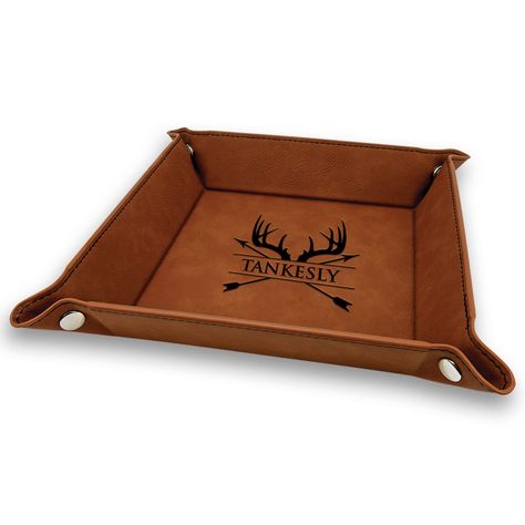 PRICES MAY VARY. PREMIUM QUALITY PRODUCT: This valet tray is made with domestically sourced full-grainPU Leather. Material is rich and textured, developing a patina with time. Valet tray size when its open is 9.5x9.5" and when its snap its size is 6x6". The brown color personalized product looks magnificent when you used it on your home or office. Valet Button: Each corner of the tray has an elegant and secure metal button that allows you to unfold the key tray, saving a lot of space when storin Personalized Tray, Leather Engraved, Key Tray, Leather Engraving, Leather Tray, Valet Tray, Tray Organization, Jewelry Tray, Jewelry Case