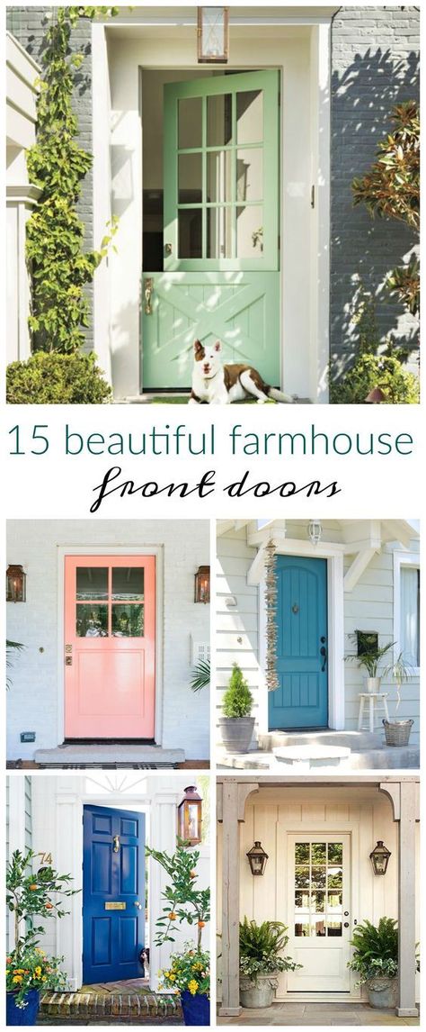 15 Beautiful Farmhouse Front Doors Farmhouse Front Doors With Glass Panels, Sherwin Williams Green Paint Colors Exterior Front Doors, Exterior Doors With Glass Panels, Farmhouse Curb Appeal, Front Doors With Glass Panels, Rustic Front Door, Green Front Doors, City Farmhouse, Door Farmhouse