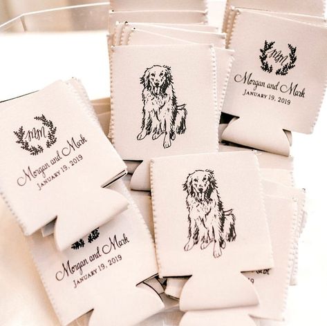 Pet Drawing, Wedding Koozies, Custom Wedding Favours, Pets Drawing, Monogram Wreath, Dog Party, Personalized Wedding Favors, Custom Dog Portraits, Can Coolers