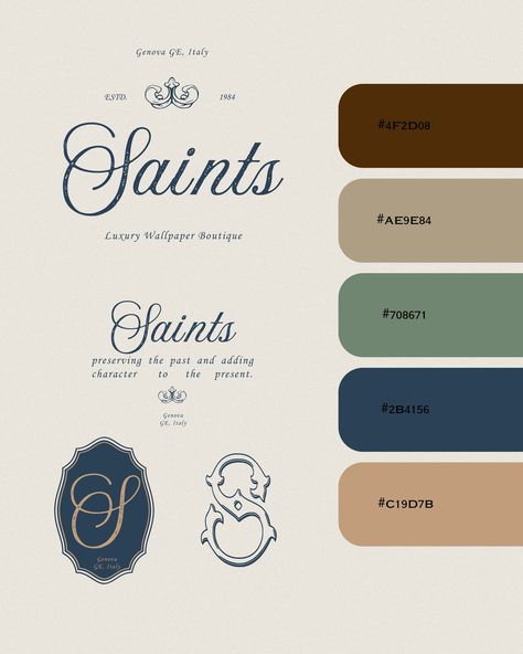 Introducing Saints, a Victorian-style wallpaper brand that needs a logo & store sign design, along with some additional elements! ✨ I am absolutely loving the vibes of this brand, from the deep color palette to the aged text I am just in love! 😍 I have a few things in mind for this brand, so stay tuned for part 3! Let me know your thoughts below! 💭 Brief By: @briefclub 🏷️ #designbrief #graphicdesignbrief #designchallenge #brandingbrief #thebriefclub #logochallenge #graphicdesignchalle... Business Palette Color, Luxurious Colors, Vintage Branding Color Palette, Luxury Brands Color Palette, Logo Palette Color, Luxury Brand Palette, Vintage Logo Color Palette, Color Palette For Logo, Personal Branding Color Palette