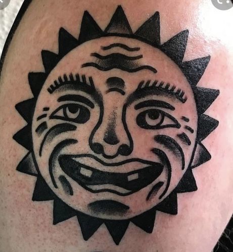 Bert Grimm Sun, Sun Face Tattoo, Traditional Sun Tattoo, Traditional Moon, Bert Grimm, Alt Men, Sun Tattoos, Sun Face, Traditional Tattoo Flash