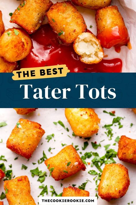 Making crispy, golden brown Tater Tots from scratch can be just as easy as opening up a bag of the frozen kind. All you need are some potatoes and a handful of other ingredients to make these deep-fried, homemade tater tots in less than an hour. These make a great side dish for lots of dinners, and the kids will gobble them up. Pop over to my site for the recipe! Homemade Tater Tots, Cheesy Tater Tots, Sweet Potato Tots, Burger Side Dishes, Tater Tot Recipes, Frozen Bag, Baked Chicken Nuggets, Classic Grilled Cheese, The Cookie Rookie