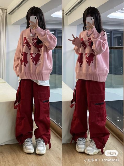 Pink Boyish Outfit, Red Acubi Fashion, Masculine Coquette Outfits, Streetcore Clothes, Skater Vibes Outfit, Colorful Streetwear Outfits, Colorful Baggy Outfits, Red Baggy Outfit, Y2k Fits Street Styles