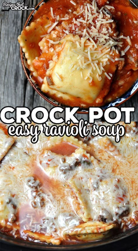 Easy Crock Pot Ravioli Soup - Recipes That Crock! This Easy Crock Pot Ravioli Soup is not only super easy, it is also super flavorful! My family devoured it the first night and the leftovers! Crock Pot Ravioli, Crock Pot Easy, Crockpot Ravioli, Ravioli Soup, Crockpot Soup Recipes, The Leftovers, Crock Pot Soup, Crock Pot Slow Cooker, Crockpot Recipes Slow Cooker