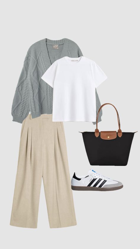 Cream Colour Pant Outfit For Women, Gray And Khaki Outfit, Cream Trouser Outfit Women, Beige Trousers Outfit Casual, Podcast Outfit, Cream Trousers Outfit, Beige Trousers Outfit, Trousers Outfit Casual, Beige Pants Outfit