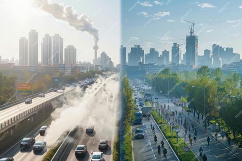 Contrasting Urban Pollution with Green City Living Traffic and Air Quality in Sustainable Cities | Premium AI-generated image Air Pollution Project, City Pollution, Polluted City, Birds Eye View City, Clean City, Air Image, Save Environment, Sustainable Transport, Sustainable City