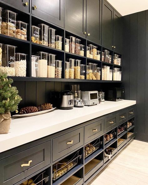 Our black pantry is one of the most functional spaces in our home. We cook almost every meal we eat ourselves and we don’t like getting… Black Kitchen Pantry, A House We Built, Black Pantry, Pantry Black, Pantry Containers, Pantry Room, Kitchen Pantry Design, Butler Pantry, Dark Kitchen Cabinets