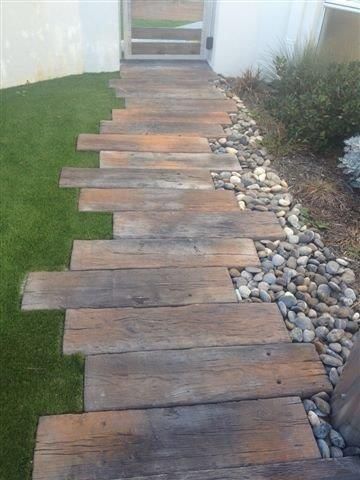 Sleeper Garden Ideas, Railroad Tie Walkway, Sleeper Path, Railroad Ties Landscaping, Railroad Ties, Landscaping Projects, Backyard Walkway, Walkway Landscaping, Railway Sleepers